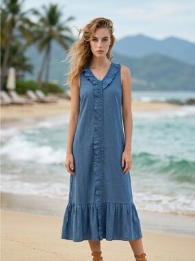 Sleeveless Ruffle Trim Midi Cover-Up Dress in Denim Blue